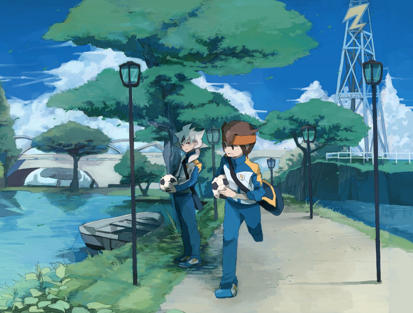 2boys bad_id bad_pixiv_id baddap_sleed ball boat brown_hair building cloud day endou_mamoru facial_mark headband inazuma_eleven inazuma_eleven_(series) inazuma_japan jacket lamppost lightning_bolt_symbol male_focus multiple_boys nature outdoors river running scenery sky soccer_ball telstar track_jacket track_suit tree tukushi2 watercraft white_hair