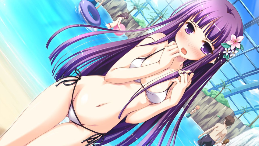 3boys 3girls bare_shoulders bikini blush dutch_angle flower game_cg hair_flower hair_ornament iro_ni_ide_ni_keri_waga_koi_wa ko~cha long_hair multiple_boys multiple_girls navel open_mouth purple_eyes purple_hair shiny_skin side-tie_bikini_bottom solo_focus swimsuit tenjou_kikyou thigh_gap very_long_hair