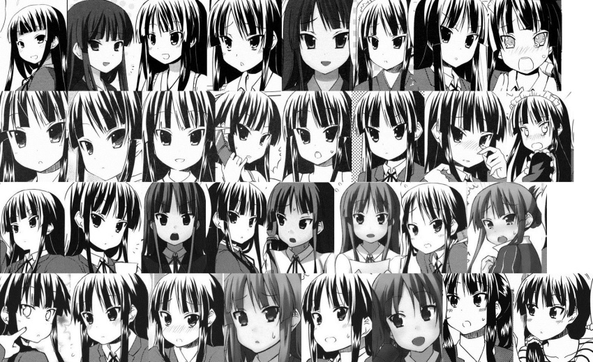 akiyama_mio dress female greyscale hime_cut k-on! kakifly long_hair monochrome montage school_uniform solo uniform