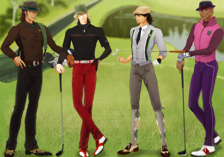 4boys alteir antonio_lopez argyle_clothes argyle_legwear bag barnaby_brooks_jr. blonde_hair bowler_hat brown_eyes brown_hair cabbie_hat caddy commentary_request dark-skinned_male dark_skin field glasses gloves golf golf_club golf_course green_eyes hat kaburagi_t._kotetsu kneehighs logo multiple_boys nathan_seymour necktie photoshop_(medium) pink_eyes pink_hair short_hair single_glove socks sweater_vest tiger_&_bunny vest