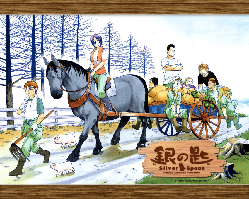 3girls 6+boys aikawa_shinnosuke arakawa_hiromu bare_tree cart copyright_name gin_no_saji hachiken_yuugo horse inada_tamako komaba_ichirou mikage_aki multiple_boys multiple_girls official_art official_wallpaper pig pullcart sack sleeves_rolled_up tokiwa_keiji towel towel_around_neck tree tree_stump yoshino_mayumi