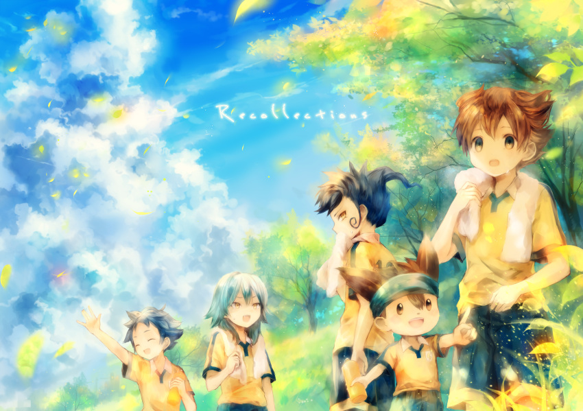 5boys bad_id bad_pixiv_id blue_eyes blue_hair blue_sky bottle brown_eyes brown_hair day green_hair highres inazuma_eleven_(series) inazuma_eleven_go kageyama_hikaru kariya_masaki matsukaze_tenma multiple_boys nature nishizono_shinsuke onineko open_mouth purple_hair scenery short_hair sky smile soccer_uniform sportswear towel tsurugi_kyousuke water_bottle