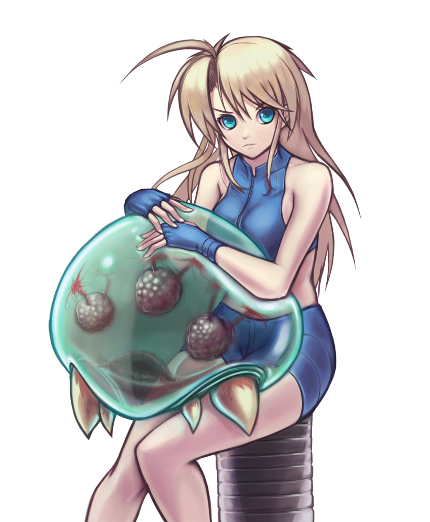 bare_shoulders blonde_hair blue_eyes commentary crop_top english_commentary female fingerless_gloves gloves highres hybridmink long_hair md5_mismatch metroid metroid_(creature) metroid_fusion midriff samus_aran shorts sitting white_background