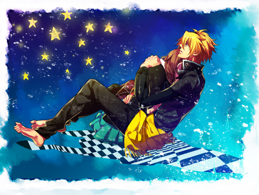 1boy amnesia_(idea_factory) bad_id bad_pixiv_id barefoot blonde_hair blue_background brown_hair clothes_around_waist female full_body hairband heroine_(amnesia) hug jacket marokawai pantyhose plaid shirt shirt_around_waist short_hair sitting skirt star_(symbol) toma_(amnesia)