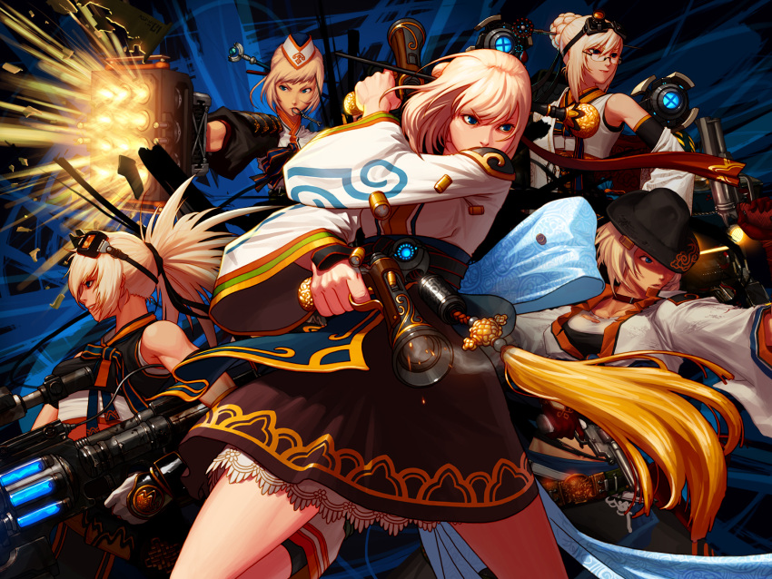 5girls artist_request blonde_hair blue_eyes dress dual_wielding dungeon_and_fighter female_gunner_(dungeon_and_fighter) female_launcher_(dungeon_and_fighter) female_mechanic_(dungeon_and_fighter) female_ranger_(dungeon_and_fighter) female_spitfire_(dungeon_and_fighter) firing highres holding huge_weapon multiple_girls official_art photoshop_(medium) weapon