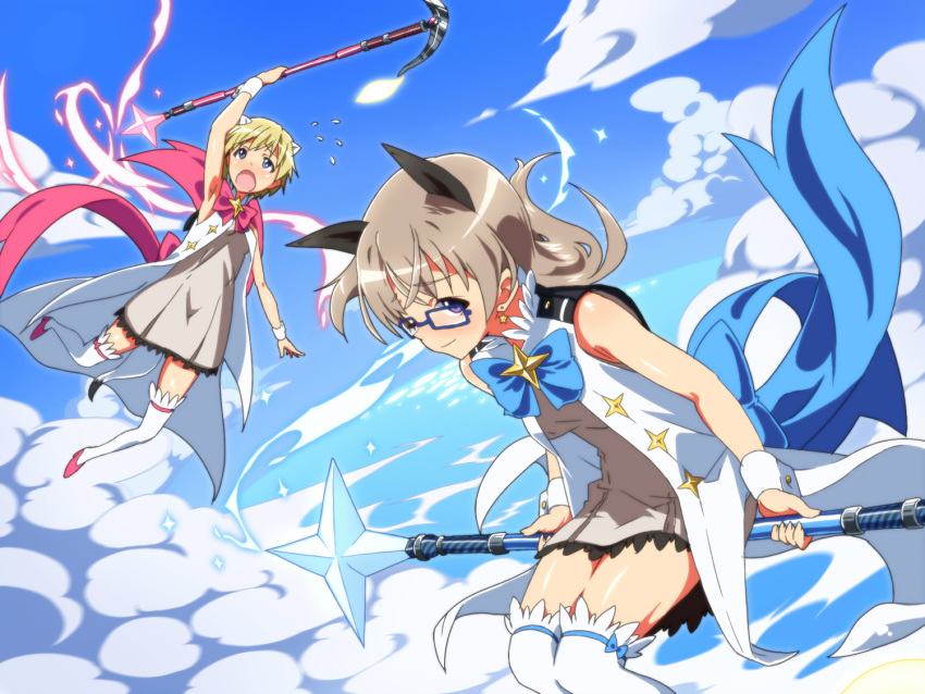 2girls animal_ears aoi_(houkago_no_pleiades) aoi_(houkago_no_pleiades)_(cosplay) artist_request blonde_hair blue_eyes blush cosplay earrings eila_ilmatar_juutilainen flying fox_ears glasses houkago_no_pleiades jewelry magical_girl multiple_girls nikka_edvardine_katajainen oohashi_ayuru purple_eyes ribbon short_hair silver_hair sky strike_witches subaru_(houkago_no_pleiades) subaru_(houkago_no_pleiades)_(cosplay) tail thighhighs zettai_ryouiki