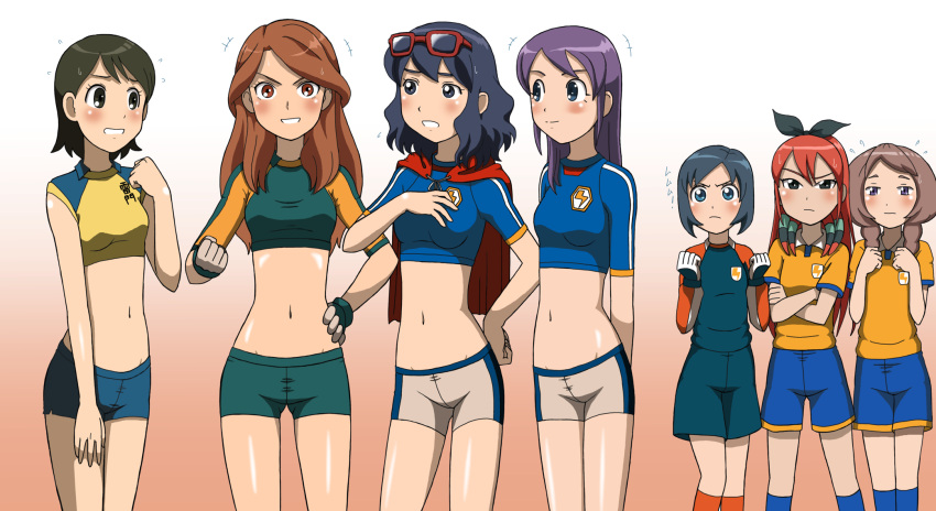 6+girls aged_up blue_eyes blue_hair blush braid brown_hair commentary_request eyewear_on_head glasses green_eyes hair_ribbon highres inazuma_eleven inazuma_eleven_(series) inazuma_eleven_go inazuma_japan kino_aki kudou_fuyuka lightning_bolt_symbol long_hair midriff multiple_girls open_mouth otonashi_haruna purple_eyes purple_hair raglan_sleeves raimon raimon_natsumi raimon_soccer_uniform red_hair ribbon seto_midori short_hair shorts smile soccer_uniform sorano_aoi sportswear takaya_n twin_braids yamana_akane