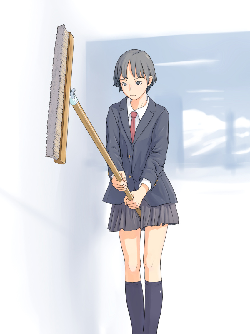 between_legs black_eyes black_hair broom commentary_request female flash_tomo highres holding kneehighs miniskirt necktie original painttool_sai_(medium) school_uniform short_hair simple_background skirt socks solo standing