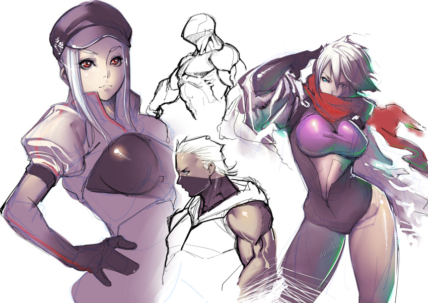 2girls asymmetrical_clothes asymmetrical_legwear azure_(yatagarasu) bad_id bad_pixiv_id bodysuit breasts center_opening collage commentary_request concept_art elbow_gloves gloves green_eyes hand_on_own_hip hat hattori_hanzo_uruka heterochromia large_breasts multiple_girls muscular nene_(yatagarasu) ninja photoshop_(medium) red_eyes scarf silver_hair tomoyuki_kotani uneven_legwear yatagarasu_(game)