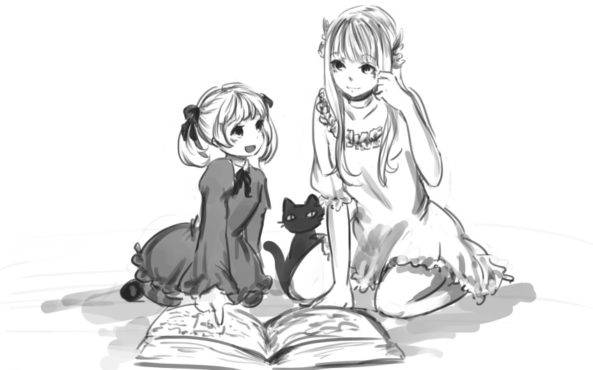 2girls alice_(odin_sphere) anonymous_drawfag_(artist) artist_request book check_artist dress feline greyscale gwendolyn_(odin_sphere) hair_ornament highres kneeling lolicon long_hair monochrome multiple_girls odin_sphere socrates_(odin_sphere) twintails