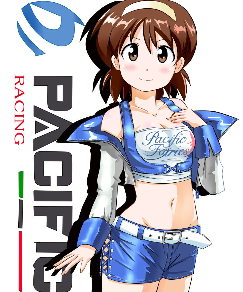 belt blue_shorts blush brown_eyes brown_hair commentary_request female hairband highres midriff nagatsuki_sanae navel pacific_racing_team race_queen rokushaku_neko shinryaku!_ikamusume short_hair shorts smile solo super_gt