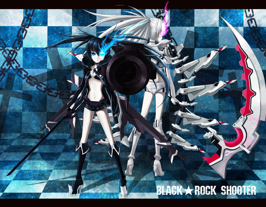 2girls bikini bikini_top_only black_hair black_rock_shooter black_rock_shooter_(character) black_rock_shooter_(game) black_shorts black_vs_white blue_eyes boots cannon chains commentary_request flaming_eye glowing glowing_eye highres letterboxed long_hair midriff multiple_girls navel no_shirt photoshop_(medium) purple_eyes scythe shinebell shorts stella_(black_rock_shooter) swimsuit sword thighhighs twintails weapon white_hair white_rock_shooter white_shorts