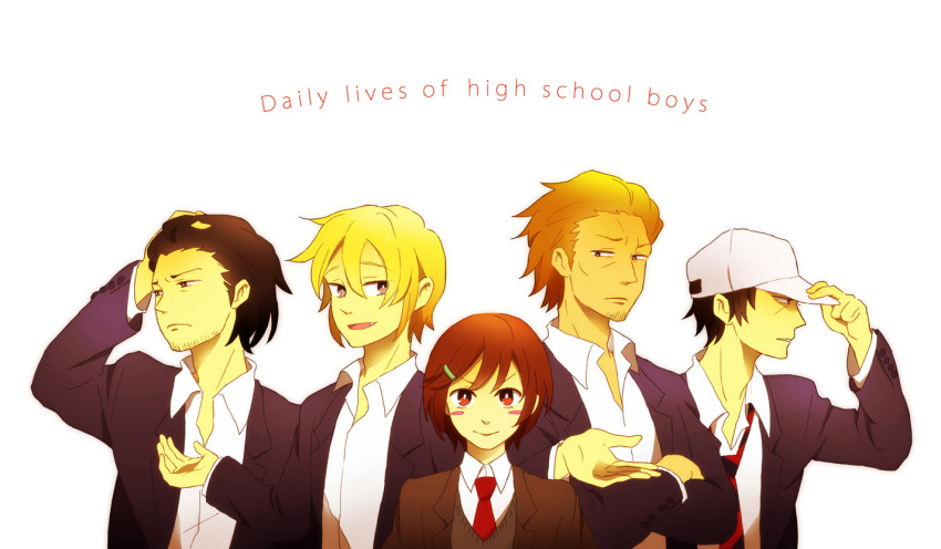 4boys bad_id bad_pixiv_id baseball_cap black_hair blonde_hair blush_stickers brown_hair danshi_koukousei_no_nichijou english_text female hair_ornament hairclip hat karasawa_toshiyuki male_harem motoharu_(danshi_koukousei) multiple_boys necktie oerba_yun_fang open_mouth photoshop_(medium) president_(danshi_koukousei) ringo-chan_(danshi_koukousei) school_uniform short_hair simple_background straight striped striped_necktie sweater_vest vice_president_(danshi_koukousei) white_background zutsu-chan