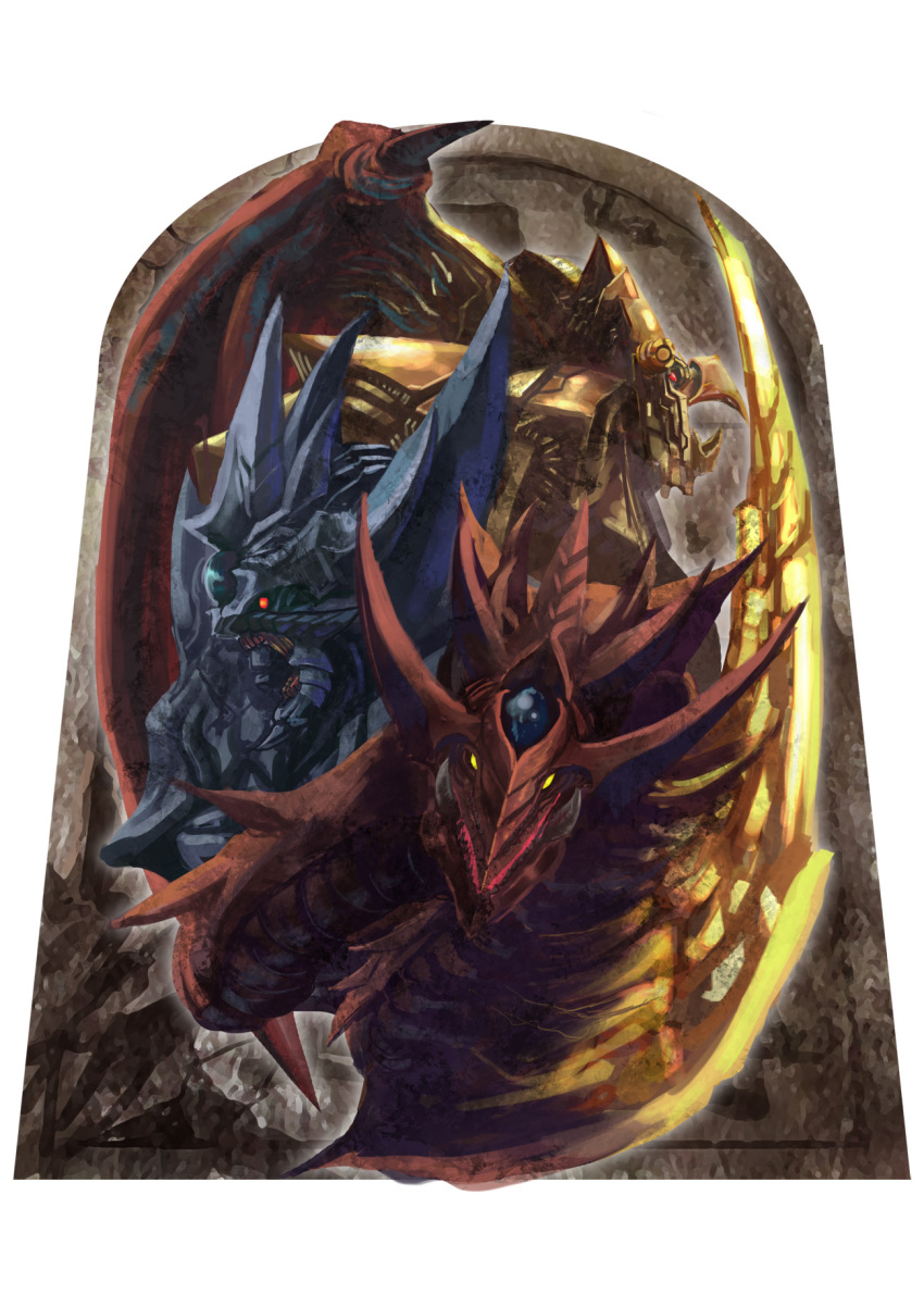 commentary_request dragon duel_monster hey_taisyou highres monster no_humans obelisk_the_tormentor osiris_the_sky_dragon photoshop_(medium) red_eyes stone_tablet the_winged_dragon_of_ra white_background wings yellow_eyes yu-gi-oh! yu-gi-oh!_duel_monsters