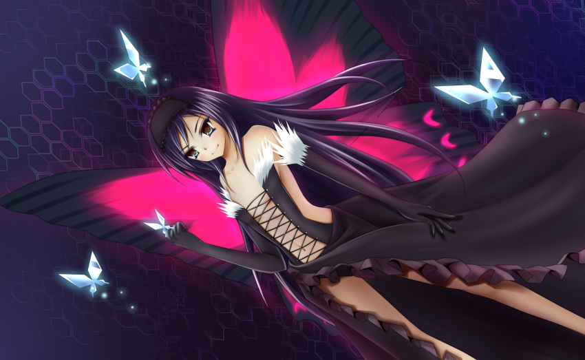 accel_world antenna_hair bare_shoulders black_hair bug butterfly butterfly_wings commentary_request elbow_gloves female gloves insect_wings kuroyukihime long_hair navel rasielcochma smile solo wings