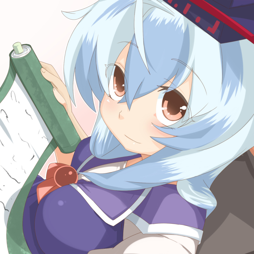 blue_hair commentary_request female hat kamishirasawa_keine loggy long_hair red_eyes scroll smile solo touhou white_hair