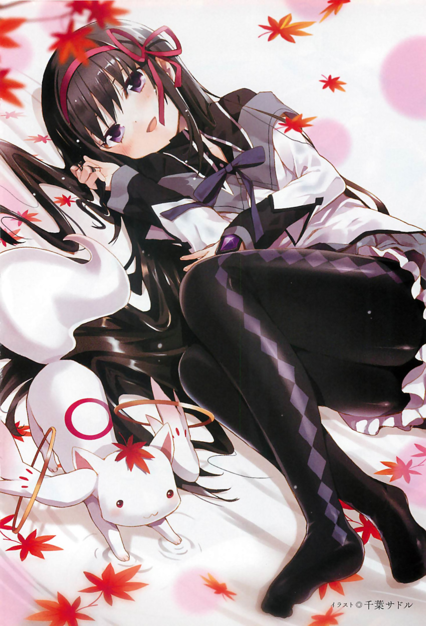 :3 akemi_homura akemi_homura_(magical_girl) argyle_clothes argyle_legwear black_hair black_pantyhose blush chiba_sadoru female hair_ribbon highres kyuubee leaf long_hair magical_girl mahou_shoujo_madoka_magica mahou_shoujo_madoka_magica_(anime) pantyhose ribbon soul_gem