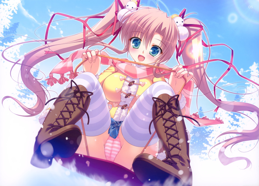 :d absurdres blue_eyes blush boots brown_footwear cameltoe coat cross-laced_footwear day female fur_trim hair_ornament hair_ribbon highres lace-up_boots lens_flare long_hair looking_at_viewer mikeou open_mouth original panties pantyshot pink_hair pink_scarf ribbon scan scarf sitting skirt sky sled smile snow snowman_hair_ornament solo striped_clothes striped_panties striped_scarf striped_thighhighs thighhighs toboggan tree twintails underwear