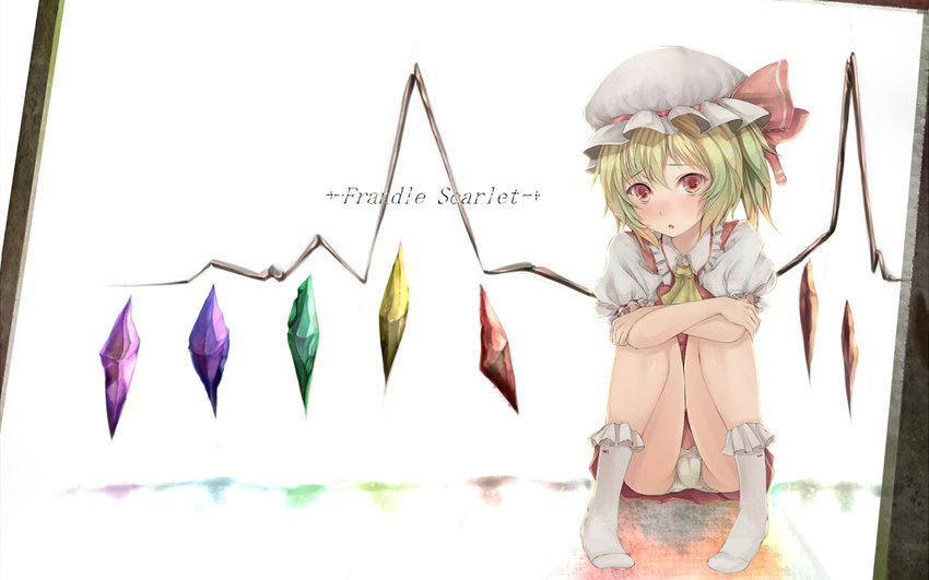 :o ascot bare_legs blonde_hair blush commentary_request crystal female flandre_scarlet hat panties pantyshot red_eyes short_hair side_ponytail sitting socks solo touhou underwear vicsen-u5 waves white_panties white_socks wings