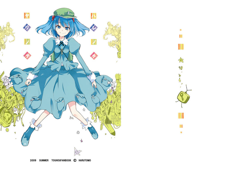 backpack bag blue_eyes blue_hair female haruno_tomoya hat kawashiro_nitori short_hair smile solo touhou two_side_up