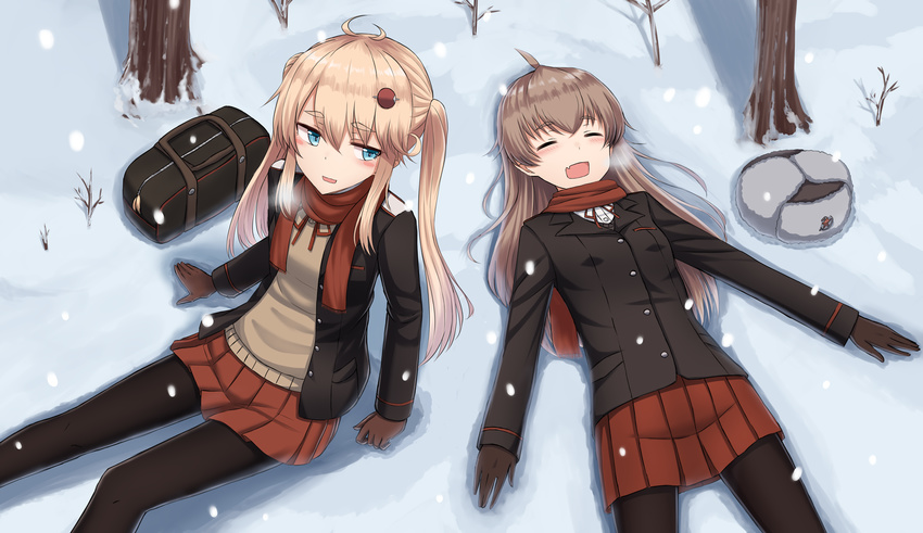 2girls bag black_jacket black_legwear blue_eyes blush blush_stickers breath brown_gloves brown_hair brown_hat closed_eyes commentary_request day fringe_trim fur_hat gloves hair_between_eyes hair_ornament hat highres jacket light_brown_hair long_hair long_sleeves lying miyako_(yakob_labo) multiple_girls oerba_yun_fang on_back open_clothes open_jacket open_mouth original outdoors pantyhose parted_lips pleated_skirt red_scarf red_skirt scarf school_uniform shirt sitting skirt snow snowing sweater_vest tree twintails unworn_hat unworn_headwear ushanka white_shirt yakob_labo