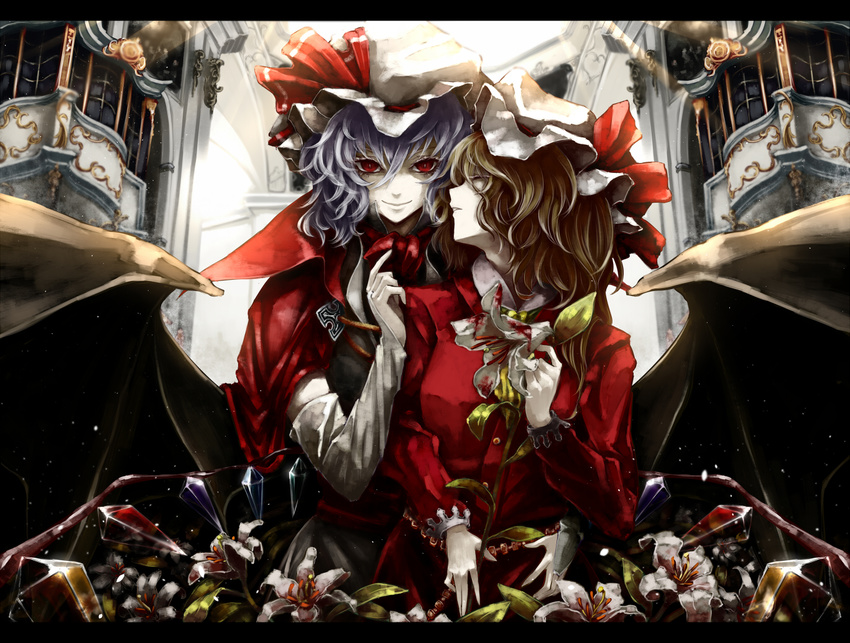 2girls alternate_costume blonde_hair closed_eyes commentary english_commentary flandre_scarlet flower fujinohara_akihira grey_hair hat hat_ribbon large_wings letterboxed long_sleeves mixed-language_commentary multiple_girls profile red_eyes remilia_scarlet ribbon short_hair siblings sisters smile touhou wings