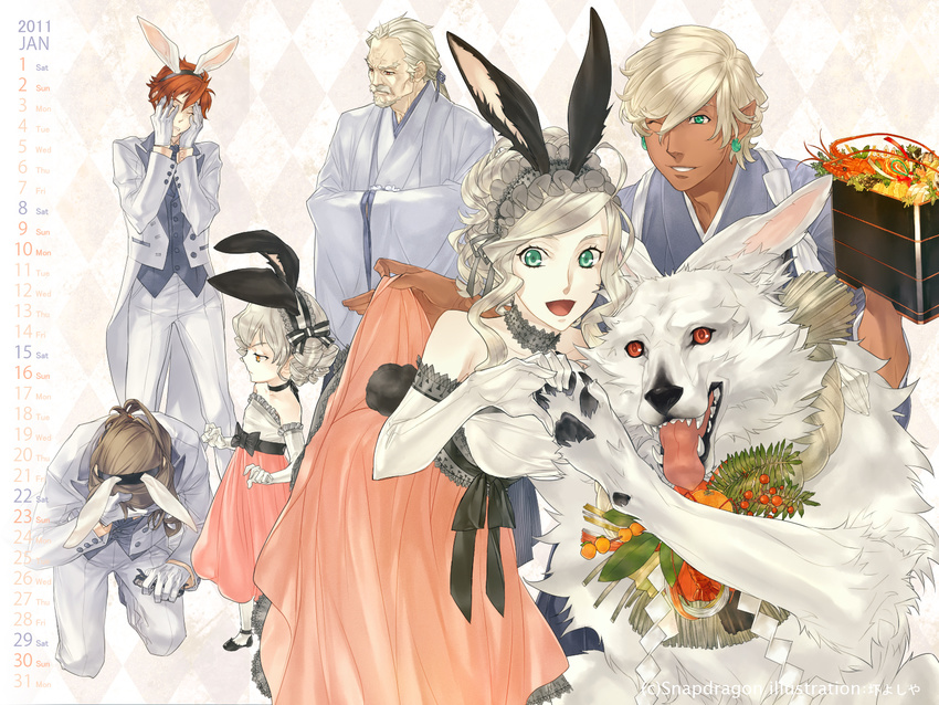 2girls 4boys akutsu_yoshiya animal_ears calendar_(medium) choker christopher_luckenbooth clothes_lift dark_skin dowth_moddey_dhoo_barguest dress edric_bran_clonmacnoise elbow_gloves gloves grim_hakkaku_capelthwaite hand_on_own_face hands_on_own_face highres japanese_clothes kimono leaning_forward multiple_boys multiple_girls new_year one_eye_closed osechi petunia_strawberrycandle photoshop_(medium) prostration rabbit_ears skirt skirt_lift smile tasuki tees_finvarra tsubasa_no_oka_no_hime tuxedo vivian_wingfield wolf