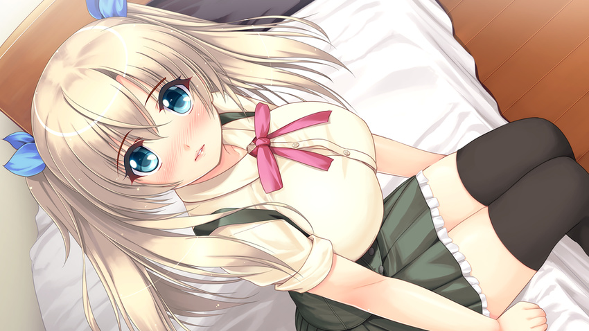 absurdres bed black_legwear blonde_hair blue_eyes blush breasts female game_cg hair_ribbon highres huge_breasts legs long_hair looking_at_viewer moric pillow ribbon school_uniform sitting skirt solo thighs twintails wanraba_vol.1:_maiai