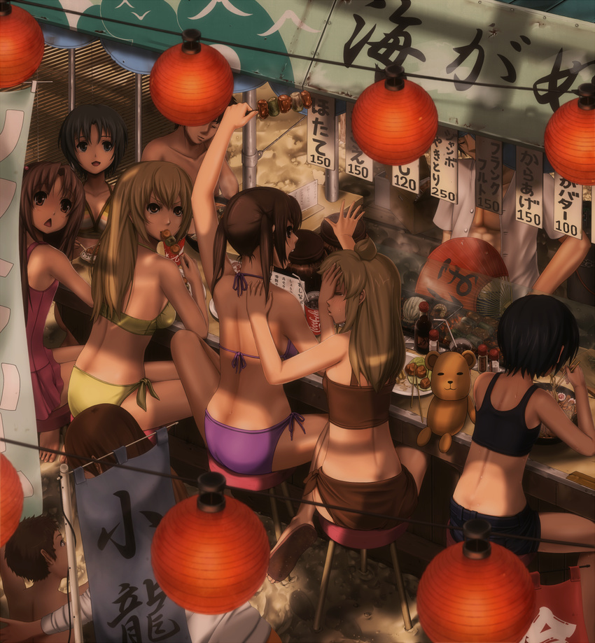 3boys 6+girls :< ahoge bikini black_hair brown_bikini brown_hair chestnut_mouth commentary_request everyone facepalm food food_stand highres long_hair minami-ke minami_chiaki minami_haruka minami_kana minami_touma multiple_boys multiple_girls purple_bikini short_hair side-tie_bikini_bottom stuffed_animal stuffed_toy swimsuit taono_kinoko uchida_yuka yellow_bikini yoshino_(minami-ke)