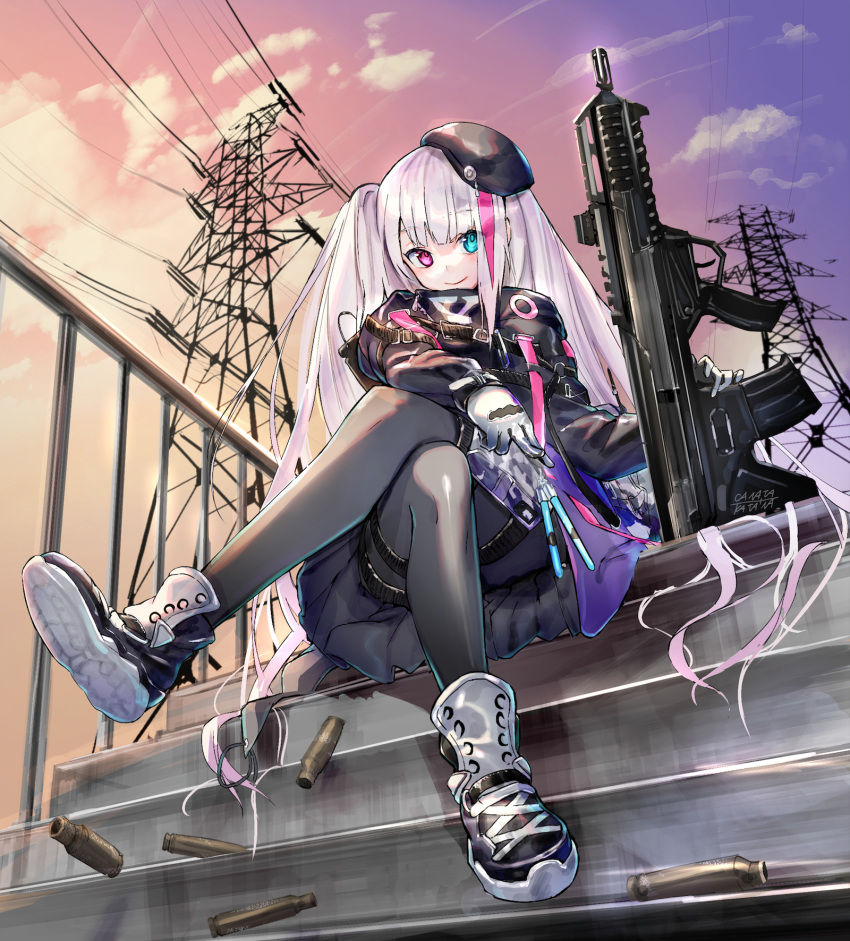 beret black_jacket black_pantyhose cable canata_katana casing_ejection closed_mouth cloud cloudy_sky commentary_request crossed_legs desert_tech_mdr evening female full_body girls'_frontline gloves gun hat heterochromia highres jacket long_hair long_sleeves looking_at_viewer mdr_(girls'_frontline) one_side_up outdoors pantyhose railing shell_casing shoes sitting skirt sky smile sneakers weapon white_gloves white_hair