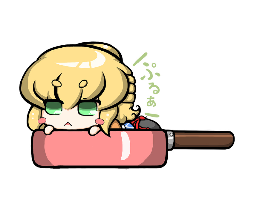 :< blonde_hair blush_stickers chibi commentary_request edowan female frying_pan green_eyes mizuhashi_parsee pointy_ears short_hair solo touhou