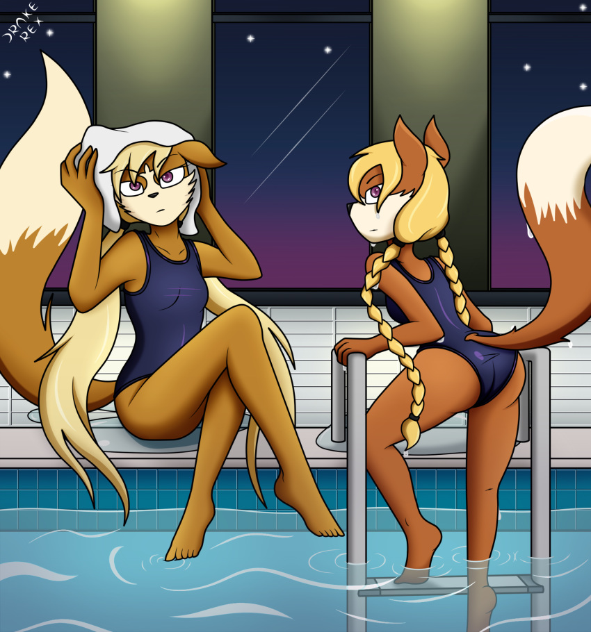 anthro ass barefoot biped black_nose blonde_hair braided_hair brown_body brown_fur canid canine clothed clothing detailed_background dipstick_tail drake-rex duo feet female fox fur furgonomics hair hi_res inside long_hair looking_at_viewer looking_back mammal markings multicolored_body multicolored_fur multicolored_tail night one-piece_swimsuit partially_submerged purple_eyes sibling_(lore) sister_(lore) sisters_(lore) sky sport_swimsuit star starry_sky swimming_pool swimwear tail tail_markings towel twin_braids twins_(lore) twintails two_tone_body two_tone_fur water white_body white_fur window young young_anthro