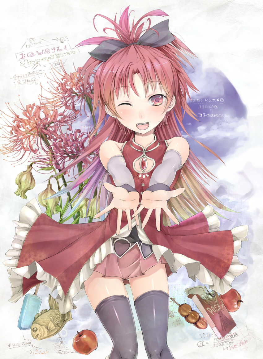 ;d commentary_request female flower hair_ribbon highres long_hair madoka_runes magical_girl mahou_shoujo_madoka_magica mahou_shoujo_madoka_magica_(anime) one_eye_closed open_mouth ponytail red_eyes red_hair ribbon sakura_kyoko sakura_kyoko_(magical_girl) smile solo thighhighs vicsen-u5 zettai_ryouiki