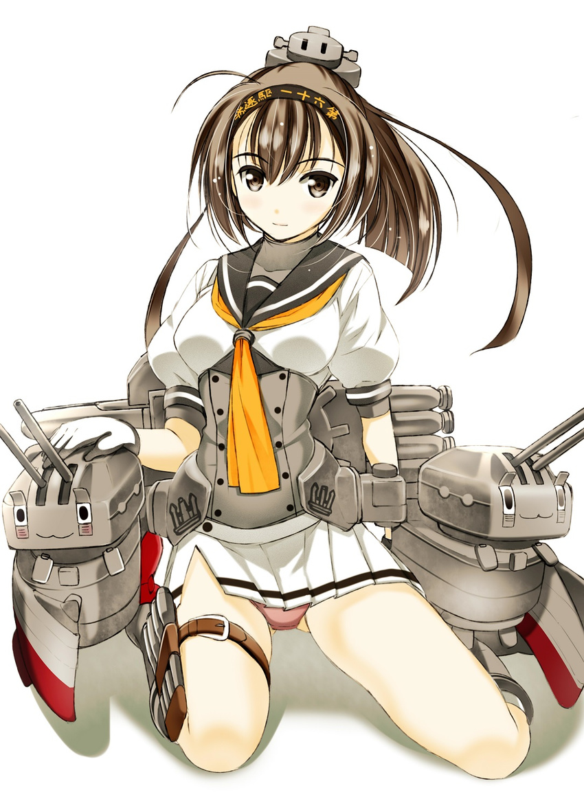 akizuki_(kancolle) bad_id bad_pixiv_id belt_pouch breasts brown_eyes brown_hair chou-10cm-hou-chan commentary_request female full_body gloves headband highres kantai_collection kneeling light_smile looking_at_viewer medium_breasts moonsorrow neckerchief panties pantyshot pink_panties pleated_skirt ponytail pouch puffy_short_sleeves puffy_sleeves sailor_collar school_uniform serafuku shirt short_sleeves simple_background skirt solo thigh_strap underwear white_background white_gloves white_shirt white_skirt