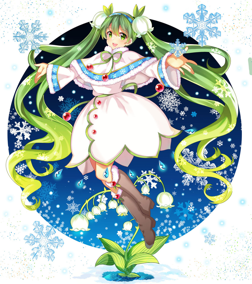 absurdly_long_hair aqua_eyes aqua_hair blush boots brown_footwear commentary_request dress female floral_dress flower full_body green_eyes green_hair hair_flower hair_ornament hairband hatsune_miku highres holding holding_flower knee_boots lily_of_the_valley long_hair looking_at_viewer neck_ribbon photoshop_(medium) ribbon rowan smile snowflakes solo twintails very_long_hair vocaloid white_dress white_flower yuki_miku yuki_miku_(2015) zonana