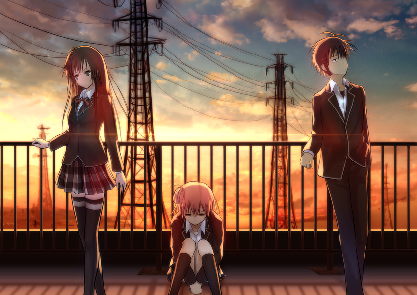 black_eyes gray_eyes hikigaya_hachiman kneehighs long_hair male pink_eyes seifuku short_hair sunset tagme_(artist) thighhighs yahari_ore_no_seishun_love_come_wa_machigatteiru. yuigahama_yui zettai_ryouiki