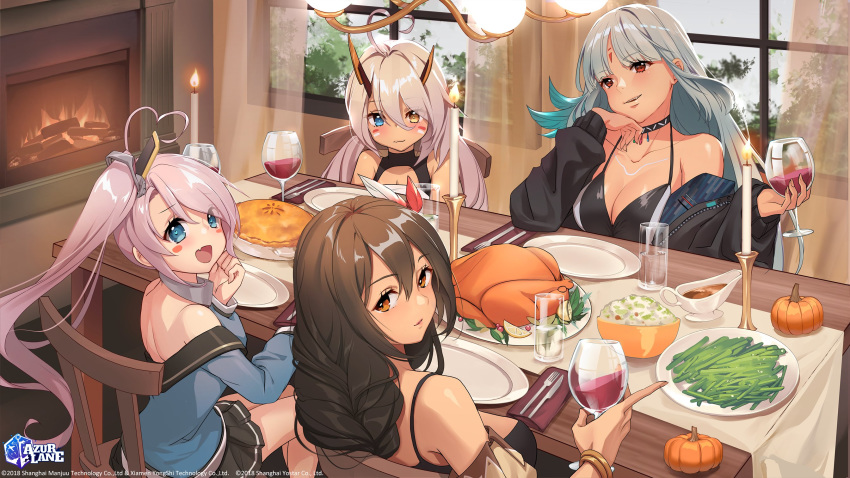 4girls ahoge alcohol azur_lane bikini bikini_top_only bikini_under_clothes black_bikini black_jacket blue_eyes body_markings bodypaint braid breasts cup dark-skinned_female dark_skin drinking_glass facial_mark feather_hair_ornament feathers fireplace food forehead_mark fork gravy gravy_boat green_bean hair_between_eyes hair_ornament heart heart-shaped_pupils heart_ahoge heterochromia highres indianapolis_(azur_lane) indoors jacket large_breasts light_purple_hair lucidsky massachusetts_(azur_lane) multiple_girls native_american official_art open_mouth partially_unzipped pie plate portland_(azur_lane) purple_hair second-party_source side_ponytail smile south_dakota_(azur_lane) swimsuit symbol-shaped_pupils thanksgiving tri_braids turkey_(food) unzipped wine wine_glass