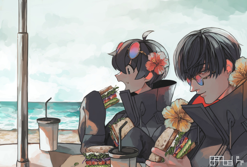 2boys absurdres ahoge beach black_coat black_hair cloud cloudy_sky coat commentary cup day disposable_cup drinking_straw eating eyewear_on_head fatalbug896 flower food food_on_face from_side german_commentary hair_flower hair_ornament hibiscus high_collar highres holding holding_food light_smile long_sleeves looking_at_viewer male_focus multiple_boys nichts_(fatalbug896) ocean open_mouth original outdoors profile red_flower round_eyewear sandwich short_hair sideways_glance sitting sky sleeves_past_fingers sleeves_past_wrists sunglasses table turtleneck two-sided_fabric upper_body water wille_(fatalbug896) yellow_flower