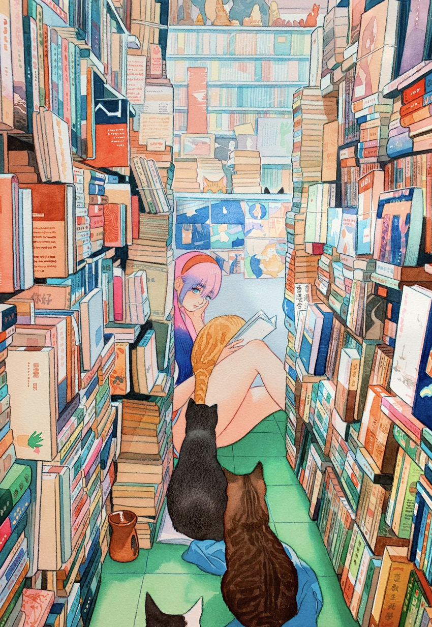 blanket blue_eyes blue_hair book book_stack bookshelf commentary feline female gradient_hair hand_on_own_cheek hand_on_own_face headband highres little_thunder looking_to_the_side multicolored_hair multiple_cats on_floor original pink_hair poster_(object) reading short_shorts shorts sitting solo tile_floor tiles traditional_media