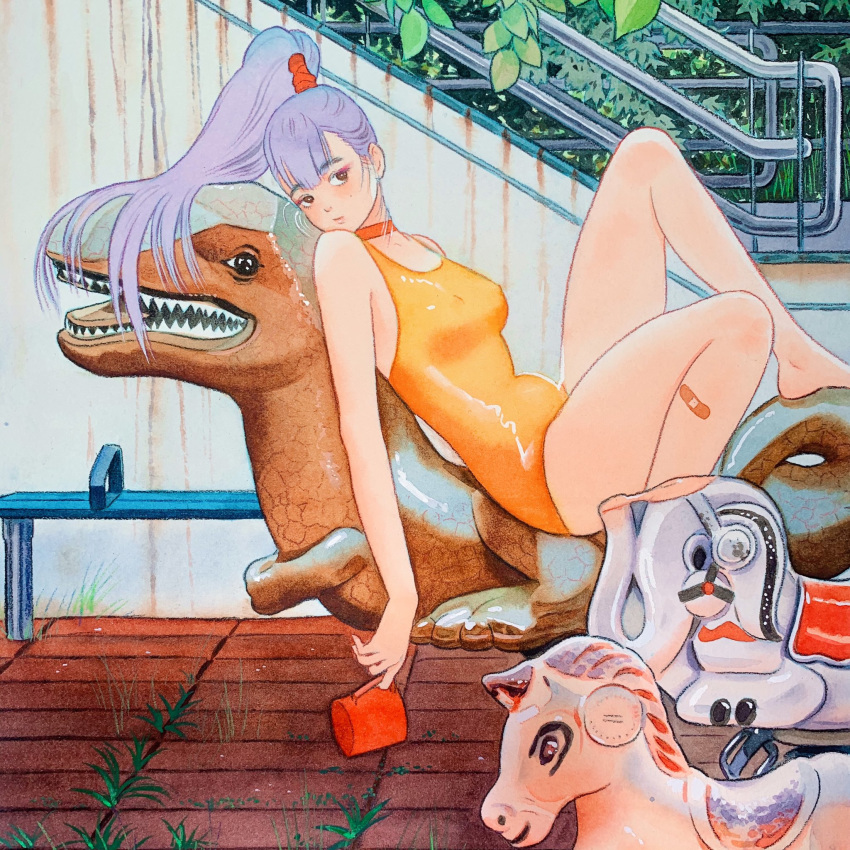 bandaid bench blunt_bangs choker collarbone commentary_request cup dinosaur elephant eyeshadow female highres holding holding_cup horse leotard little_thunder long_hair looking_at_viewer makeup mole mole_under_eye original outdoors playground ponytail purple_hair reclining solo spring_rider stairs traditional_media