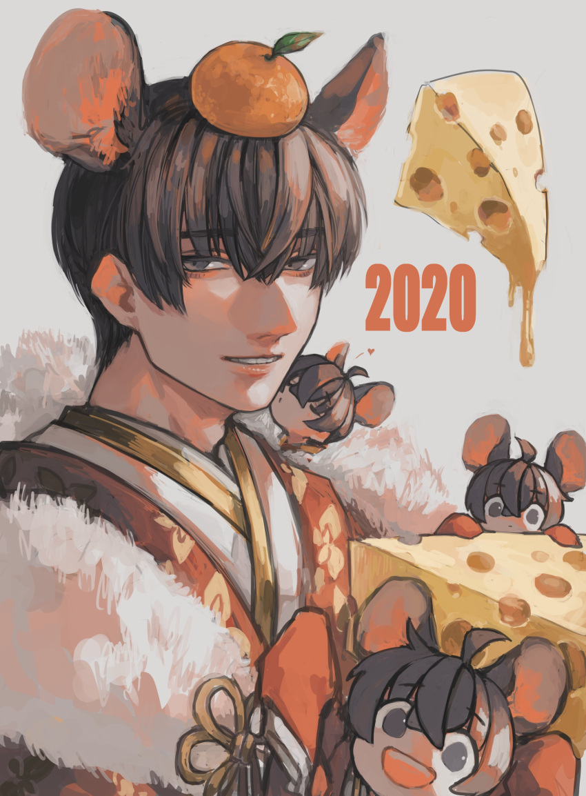 2020 4boys :d absurdres ahoge animal_ears black_eyes black_hair cheese chinese_zodiac closed_eyes commentary fatalbug896 food food_on_head fruit fruit_on_head fur_shawl gold_trim hair_between_eyes heart highres japanese_clothes kimono kissing kissing_cheek long_sleeves looking_at_viewer male_focus mandarin_orange mouse_boy mouse_ears multiple_boys multiple_persona nichts_(fatalbug896) object_on_head on_shoulder original parted_lips red_kimono shawl short_hair sleeves_past_fingers sleeves_past_wrists smile upper_body wille_(fatalbug896) year_of_the_rat