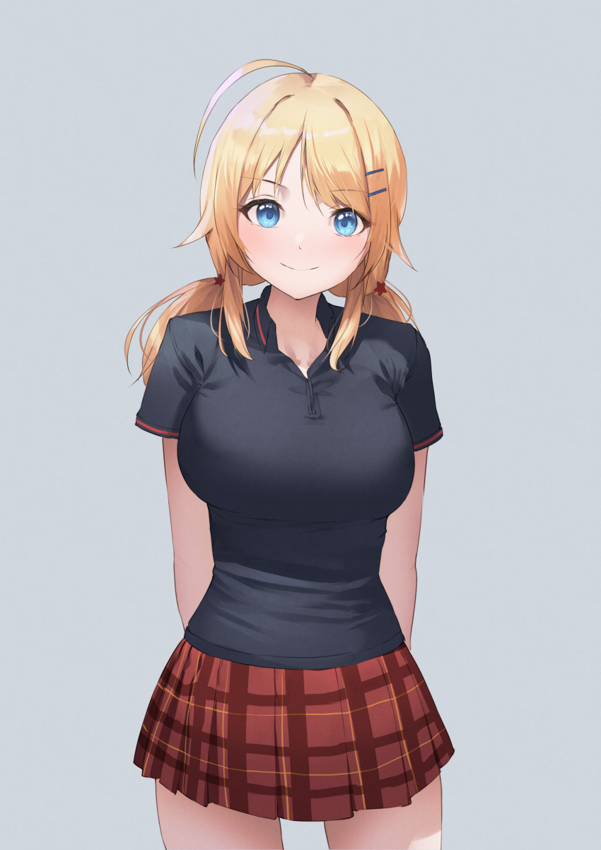 ahoge aqua_eyes arms_behind_back bad_id bad_pixiv_id black_shirt blonde_hair blush breasts collared_shirt commentary_request female grey_background hachimiya_meguru highres idolmaster idolmaster_shiny_colors large_breasts looking_at_viewer pepeo plaid plaid_skirt pleated_skirt red_skirt shirt short_sleeves simple_background skirt smile solo twintails