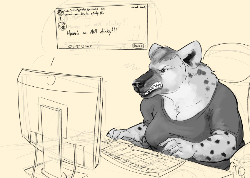 2023 5_fingers angry anthro big_breasts breasts cleavage clenched_teeth clothed clothing comment computer digital_media_(artwork) doctordj electronics english_text female fingers fur hi_res humanoid_hands hyena keyboard mammal solo spotted_hyena teeth text