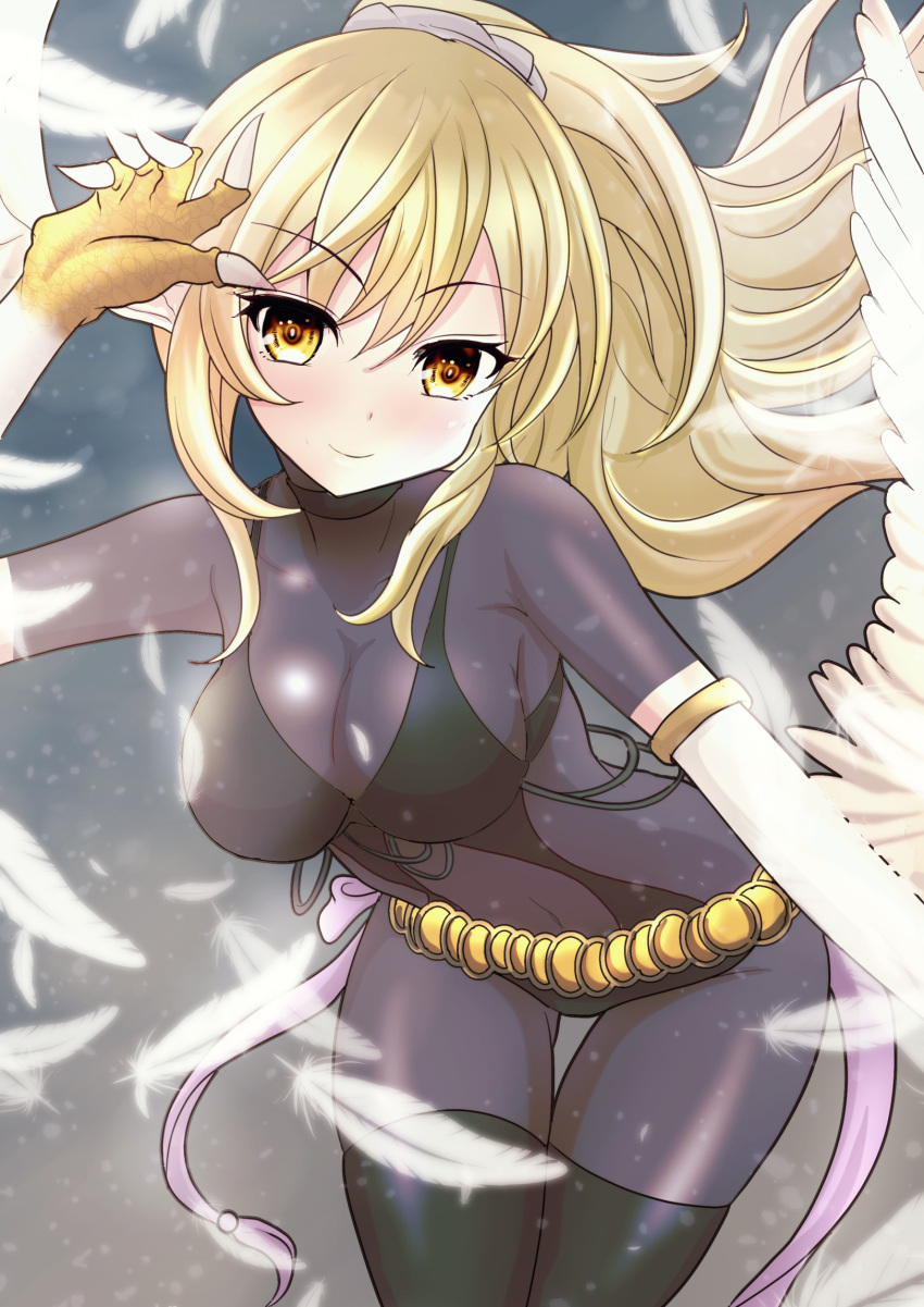 bikini black_bikini black_choker black_thighhighs blonde_hair bodystocking breasts choker claws cleavage commentary_request duel_monster feathers female hair_between_eyes harpie_dancer harpy highres large_breasts long_hair looking_at_viewer monster_girl navel ponytail smile solo swimsuit thighhighs usuba_kagerou_(shougyouchu) white_wings winged_arms wings yu-gi-oh!