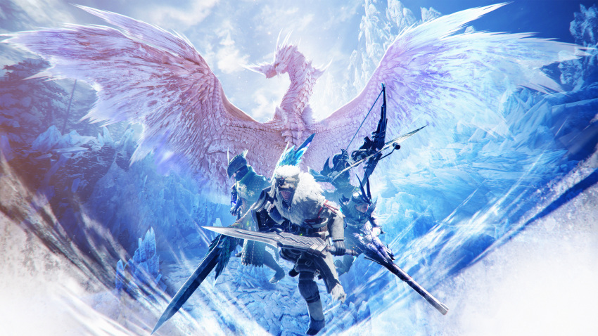 3d absurdres bow_(weapon) bowgun commentary dragon english_commentary highres holding holding_shield holding_sword holding_weapon huge_weapon ice ice_wings monster_hunter:_world monster_hunter_(character) monster_hunter_(series) monster_hunter_world:_iceborne official_art scales shield sword velkhana weapon wings