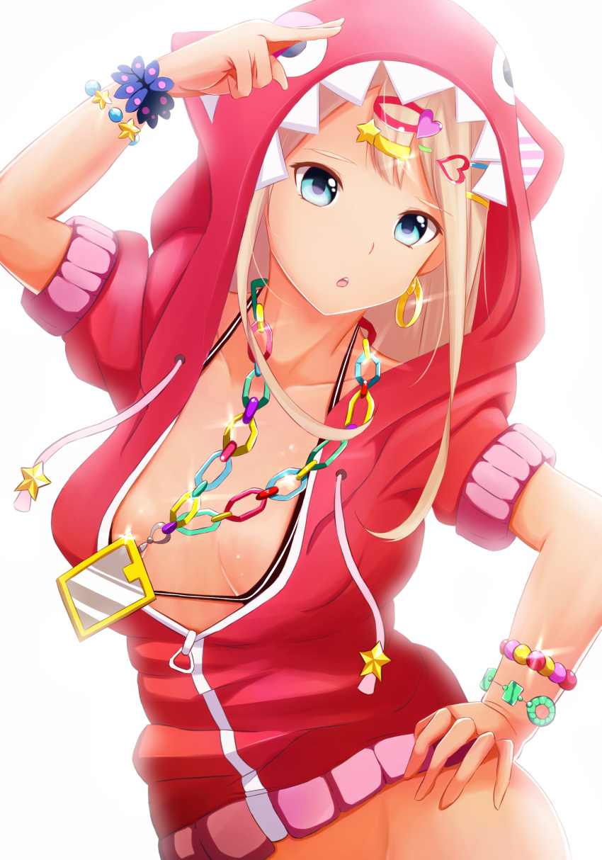 absurdres alessandra_susu bad_id bad_pixiv_id blonde_hair bracelet breasts cleavage commentary earrings female hair_ornament hairclip highres hood hooded_jacket hoodie jacket jewelry medium_breasts mixed-language_commentary necklace revision simple_background solo tokyo_7th_sisters white_background yeyebirdie