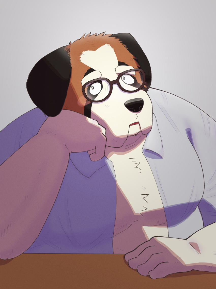 2023 3:4 anthro belly black_nose blush brown_body canid canine canis clothing domestic_dog eyewear glasses hi_res humanoid_hands kemono kick_(artist) male mammal overweight overweight_male shirt solo topwear