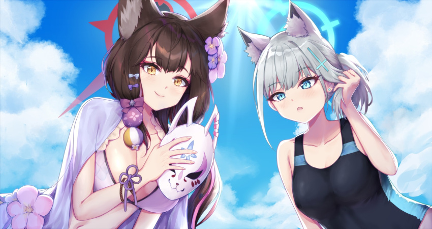 2girls adjusting_hair animal_ear_fluff animal_ears arm_support bare_shoulders bent_over black_hair blue_archive blue_eyes blue_sky bracelet breasts cleavage cloud cloudy_sky collarbone commentary extra_ears eyes_visible_through_hair eyeshadow flareza flower fox_ears fox_girl fox_mask from_below grey_hair hair_between_eyes hair_flower hair_ornament hairclip halo highres holding holding_mask jewelry long_hair looking_at_viewer looking_down makeup mask mismatched_pupils multiple_girls navel official_alternate_costume one-piece_swimsuit outdoors parted_lips school_swimsuit shiroko_(blue_archive) shiroko_(swimsuit)_(blue_archive) short_hair sidelocks sky sleeveless smile spaghetti_strap sunlight swimsuit wakamo_(blue_archive) wakamo_(swimsuit)_(blue_archive) wolf_ears wolf_girl yellow_eyes