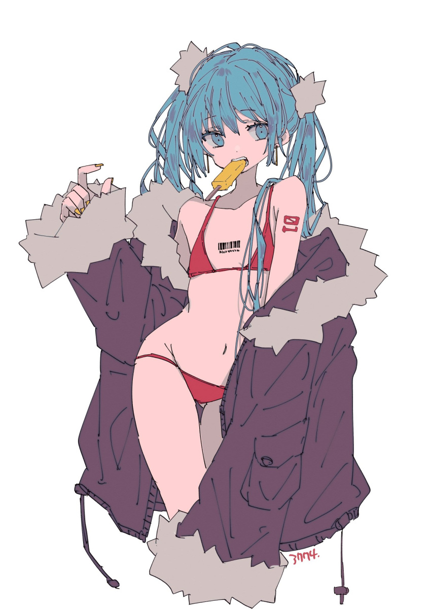 3774. aqua_eyes aqua_hair arm_tattoo barcode bikini coat contrapposto crossed_bangs earrings female flat_chest food food_in_mouth fur_trim green_nails groin hair_between_eyes hair_ornament hand_up hatsune_miku highres jewelry long_hair looking_at_viewer navel off_shoulder open_clothes open_coat open_mouth oversized_clothes petite popsicle popsicle_in_mouth red_bikini sidelocks simple_background solo standing swimsuit tattoo teeth twintails very_long_hair vocaloid white_background