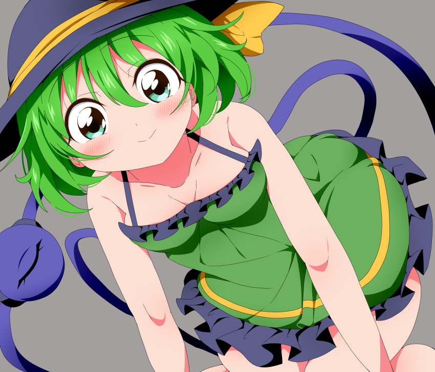 absurdres adapted_costume black_hat blush breasts bwell cleavage closed_mouth commentary_request dress eyeball feet_out_of_frame female frilled_dress frills green_dress green_eyes green_hair grey_background hair_between_eyes hat hat_ribbon highres komeiji_koishi looking_at_viewer ribbon short_hair simple_background sleeveless sleeveless_dress small_breasts smile solo sundress third_eye touhou yellow_ribbon